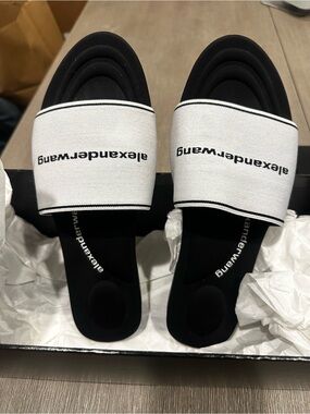 Alexander Wang Black Footbed White Strap Logo Slide Sandals